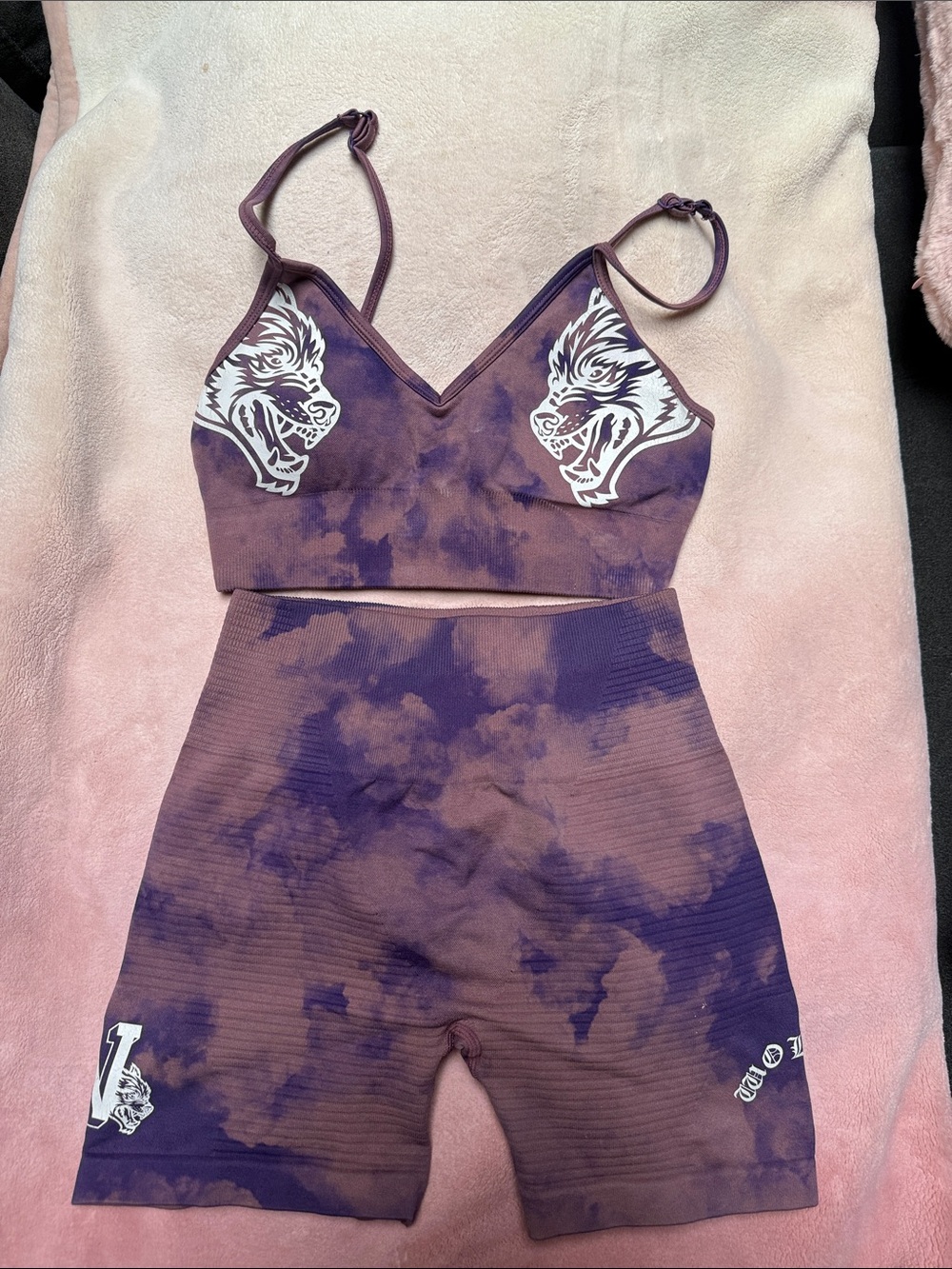 She Darc Sport Tie-Dye Purple Brown Wolf Print Active Set  Top & Biker Shorts